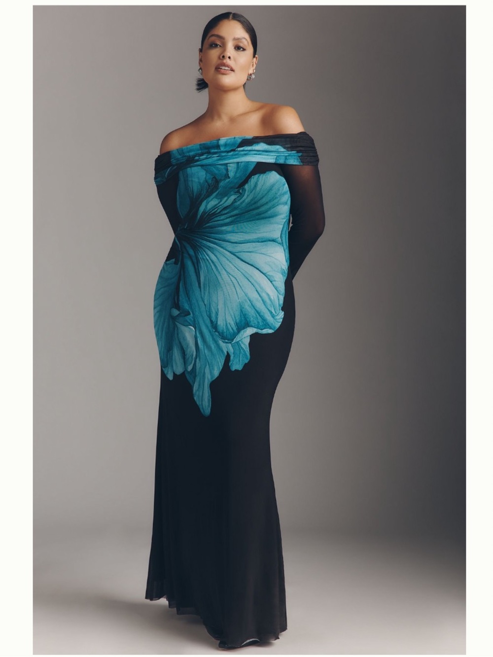 NWT Anthropologie AFRM Long-Sleeve Off-The-Shoulder Teal Flower Mesh Maxi Dress - Picture 5 of 12
